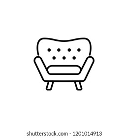 Black & white vector illustration of comfortable armchair with high back. Line icon of arm chair seat. Upholstery furniture for living room & bedroom. Isolated object on white background 