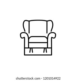 Black & white vector illustration of comfortable recliner armchair with high back. Line icon of arm chair seat. Upholstery furniture for living room & bedroom. Isolated object on white background 