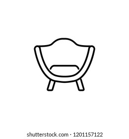 Black & white vector illustration of comfortable wooden armchair with high back. Line icon of arm chair seat. Upholstery furniture for living room & bedroom. Isolated object on white background 