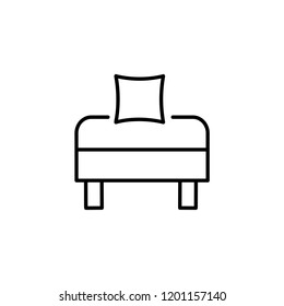 Black & white vector illustration of comfortable small chair with pillow. Line icon of ottoman seat. Upholstery furniture for living room & bedroom. Isolated object on white background 
