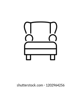 Black & white vector illustration of comfortable armchair with high back. Line icon of arm chair seat. Upholstery furniture for living room & bedroom. Isolated object on white background 