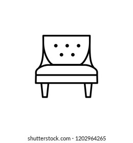 Black & white vector illustration of comfortable vintage armchair with high back. Line icon of arm chair seat. Upholstery furniture for living room & bedroom. Isolated object on white background 