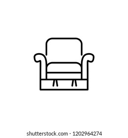 Black & white vector illustration of comfortable recliner with high back. Line icon of arm chair seat. Upholstery furniture for living room & bedroom. Isolated object on white background 