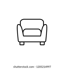 Black & white vector illustration of comfortable soft armchair. Line icon of arm chair seat. Upholstery furniture for living room & bedroom. Isolated object on white background 