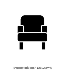 Black & white vector illustration of comfortable simple armchair. Flat icon of modern arm chair seat. Upholstery furniture. Isolated object on white background 