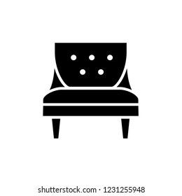 Black & white vector illustration of comfortable vintage armchair with high back. Flat icon of arm chair seat. Upholstery furniture. Isolated object on white background 