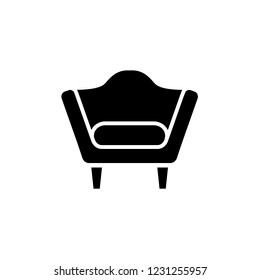 Black & white vector illustration of comfortable armchair with decorative back. Flat icon of arm chair seat. Upholstery furniture. Isolated object on white background 