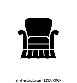 Black & white vector illustration of comfortable vintage armchair with high back. Flat icon of retro arm chair seat. Upholstery furniture. Isolated object on white background 