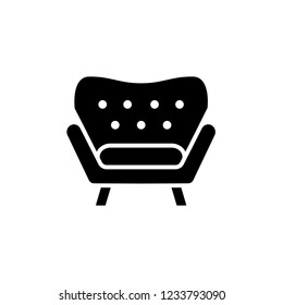 Black & white vector illustration of comfortable armchair with high back. Flat icon of arm chair seat. Upholstery furniture for living room & bedroom. Isolated object on white background 