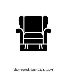 Black & white vector illustration of comfortable recliner armchair with high back. Flat icon of arm chair seat. Upholstery furniture for living room & bedroom. Isolated object on white background 