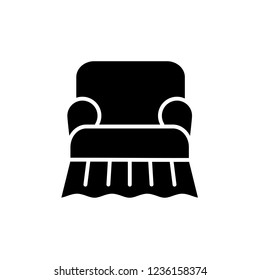 Black & white vector illustration of comfortable armchair with slipcover. Flat icon of high back arm chair seat. Upholstery furniture for living room & bedroom. Isolated object on white background 