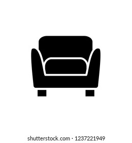 Black & white vector illustration of comfortable soft armchair. Flat icon of arm chair seat. Upholstery furniture for living room & bedroom. Isolated object on white background 