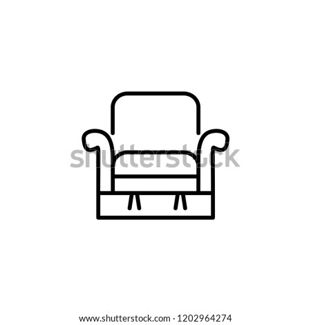 Black & white vector illustration of comfortable recliner with high back. Line icon of arm chair seat. Upholstery furniture for living room & bedroom. Isolated object on white background 
