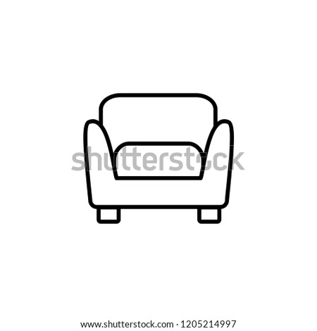 Black & white vector illustration of comfortable soft armchair. Line icon of arm chair seat. Upholstery furniture for living room & bedroom. Isolated object on white background 