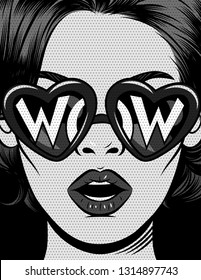 Black and white vector illustration in comic pop art style. The girl in glasses in the shape of a heart with an inscription wow. The girl opened her mouth in surprise. Vintage poster 