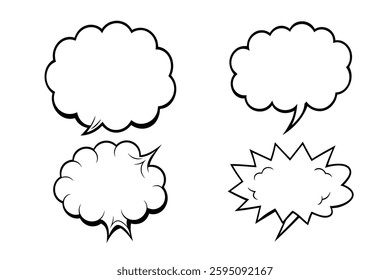 A black and white vector illustration of comic-style speech bubbles, featuring different shapes and designs, perfect for manga, comic book dialogues, digital illustrations, and graphic design projects