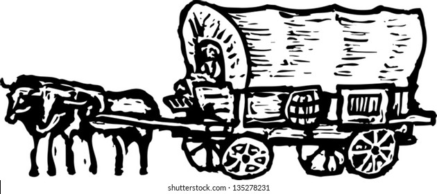 Black and white vector illustration of a Conestoga Wagon