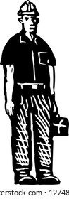 Black and white vector illustration of construction worker