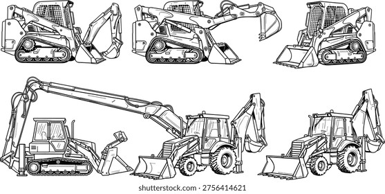 Black and white vector illustration of construction vehicles, compact track loaders, excavator, backhoe loaders, buckets, hydraulic arms, heavy machinery, industrial equipment