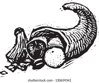 Black and white vector illustration of cornucopia