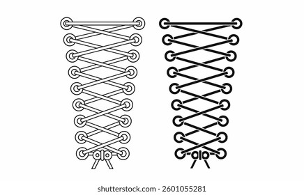 Black and white vector illustration of corset-style shoe lace tying. Perfect for fashion, footwear, and DIY tutorials. Ideal for icons, infographics, and design elements