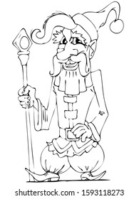 black and white vector illustration - Cossack - Ded Moroz (Santa Claus) - in a camisole and wide trousers stands with a staff 