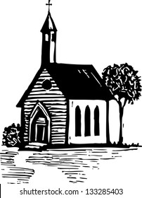 Black and white vector illustration of country church