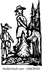 Black and white vector illustration of a couple hiking