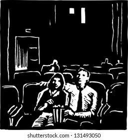 Black and white vector illustration of couple on date at cinema