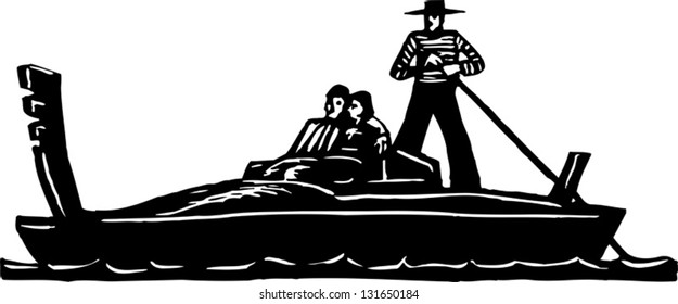 Black and white vector illustration of couple on gondola in Venice