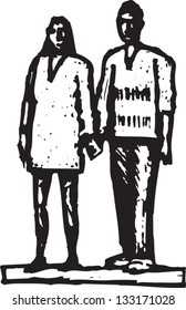 Black and white vector illustration of a couple walking