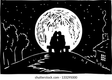 Black and white vector illustration of couple caressing under full moon