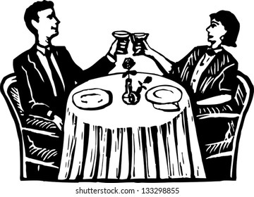 Black and white vector illustration of couple having romantic dinner