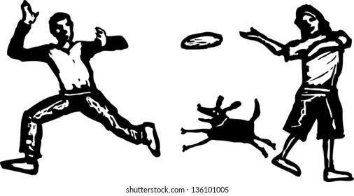 Black and white vector illustration of couple playing with the dog
