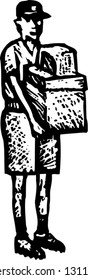 Black and white vector illustration of a courier delivery man with packages