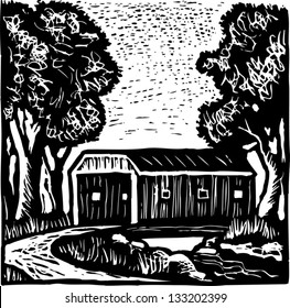 Black and white vector illustration of covered bridge