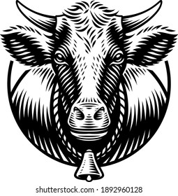 A black and white vector illustration of a cow in engraving style on white background