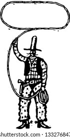 Black and white vector illustration of cowboy with lasso