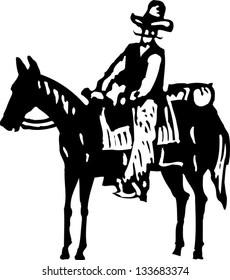 Black and white vector illustration of cowboy riding horse