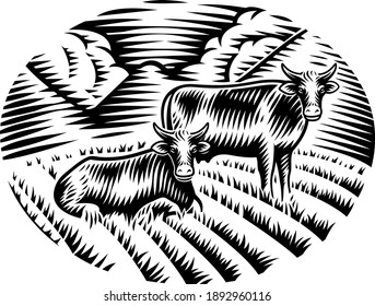 A black and white vector illustration of cows on grass in engraving style