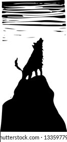 Black and white vector illustration of a coyote howling