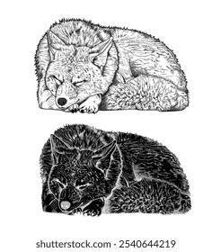 Black and white vector illustration coyote sleeping