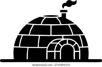 Ilustración vectorial en blanco y negro de un acogedor iglú de ladrillo con humo proveniente de la chimenea. Perfecto para logotipos de invierno, iconos de viajes árticos, gráficos de temporada fría y diseños de vacaciones.