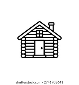 Black and white vector illustration of a cozy log cabin house icon on white background