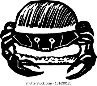 Black and white vector illustration of crab burger