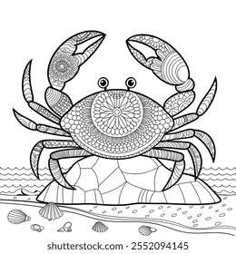 A black and white vector illustration of a crab in Zentangle style coloring page line art 