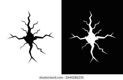 Black and white vector illustration of cracked surfaces on split backgrounds. Perfect for damage effects, horror themes, or destruction concepts in graphic design and visual projects.