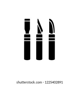 Black & white vector illustration of craft cutters. Flat icon of sharp scalpels or hobby knifes. Tools for carving & scrapbooking, sculpture. Isolated objects on white background. 