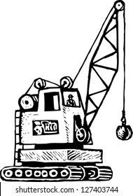 Black and white vector illustration of a crane with crane operator