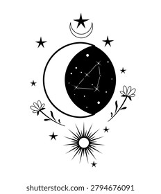 Black and white vector illustration of crescent moon, radiant sun, constellation, flowers, and stars. Mystical celestial design for tattoo, print, poster, or sticker.